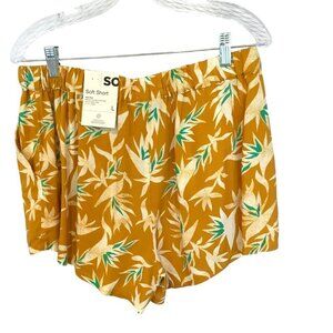 NWT SO High Rise Draw Tie Elastic Waist Rayon Tropical Shorts in Gold Size Large